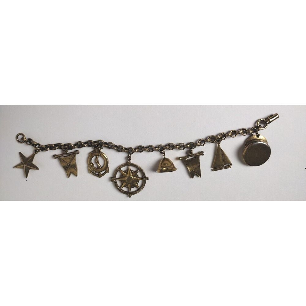 Vintage Coro Antiqued Gold Tone Nautical‎ Theme Charm Bracelet Sailboat Anchor - Picture 5 of 5